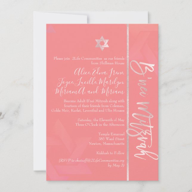 Invitación PixDezines B'Nei Mitzvah, Rubor+Coral (Anverso)
