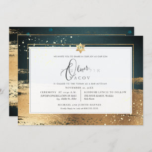 Invitación PixDezines BOREST ORO VERDE BRUSHSTROKE Mitzvah