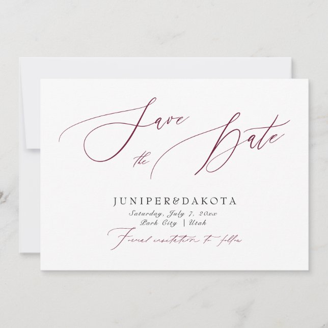Invitación PixDezines Borgundy Elegant Script Guardar la fech (Anverso)