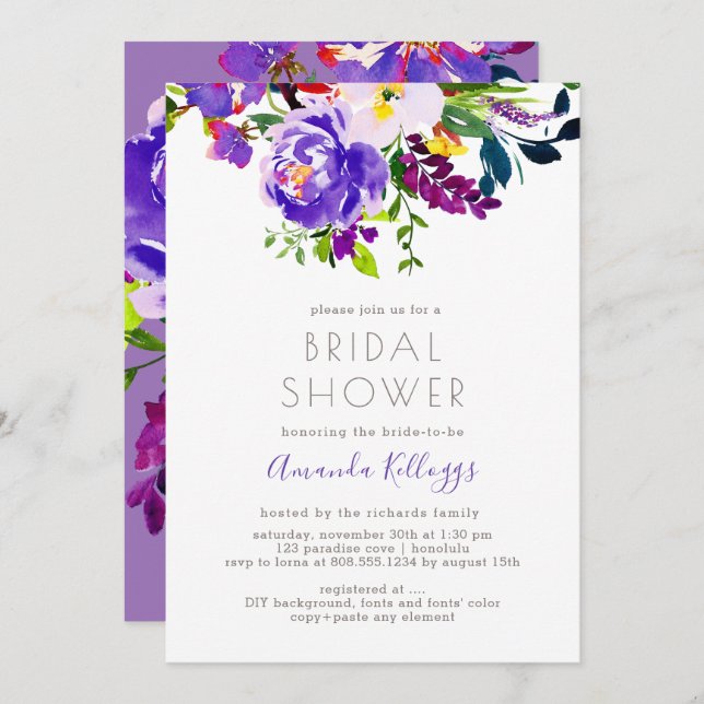 Invitación PixDezines Bridal Shower Floral acuarela, púrpura (Anverso / Reverso)