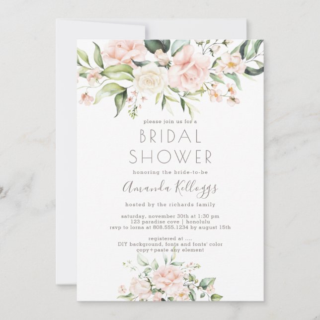 Invitación PixDezines Bridal Shower H2 Rubor Cream Rosas (Anverso)