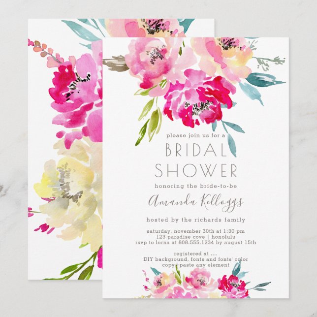 Invitación PixDezines Bridal Shower Watercolor Peonies (Anverso / Reverso)