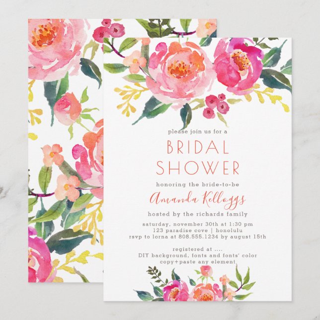 Invitación PixDezines Bridal Shower Watercolor Peonies de ver (Anverso / Reverso)