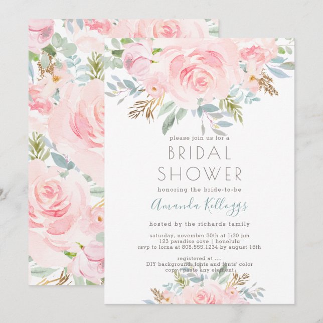 Invitación PixDezines Bridal Shower Watercolor Peonies Invita (Anverso / Reverso)