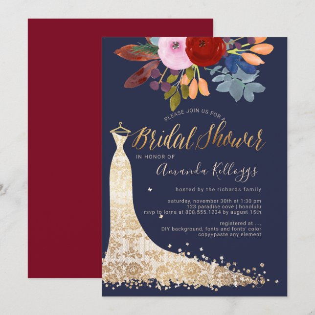 Invitación PixDezines Bridal Shower Watercolor Rojo+Azul (Anverso / Reverso)