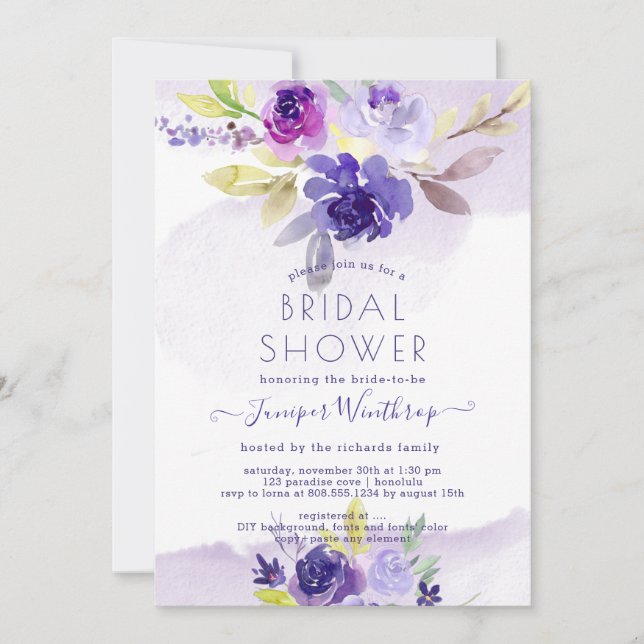 Invitación PixDezines Bridal Shower Watercolor Violeta Peonie (Anverso)