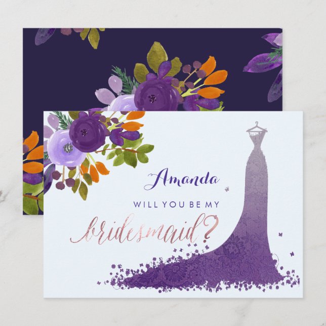 Invitación PixDezines Bridesmaid/Floral/acuarela/púrpura (Anverso / Reverso)