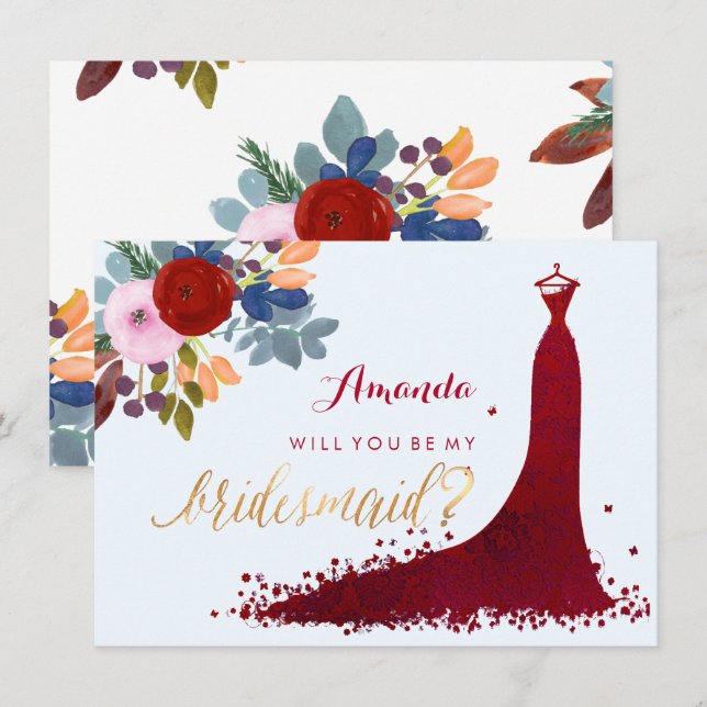 Invitación PixDezines Bridesmaid/Floral/Acuarela/Rojo (Anverso / Reverso)