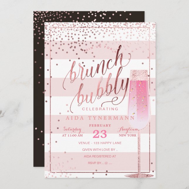 Invitación PixDezines Bruch+Bubbble Faux Rosa Gold Confetti (Anverso / Reverso)