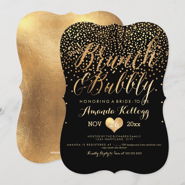 Invitación PixDezines Brunch & Bubbble Dazzled/Faux Gold (Anverso / Reverso)