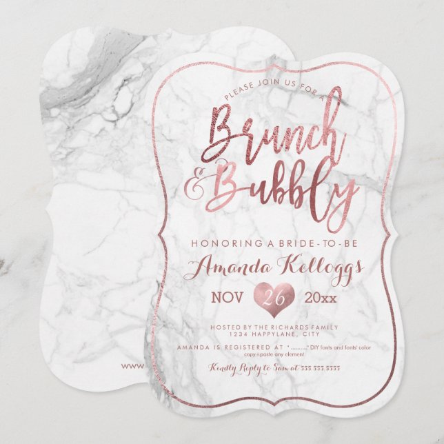 Invitación PixDezines Brunch Bubbble/Faux Rosa de mármol de o (Anverso / Reverso)