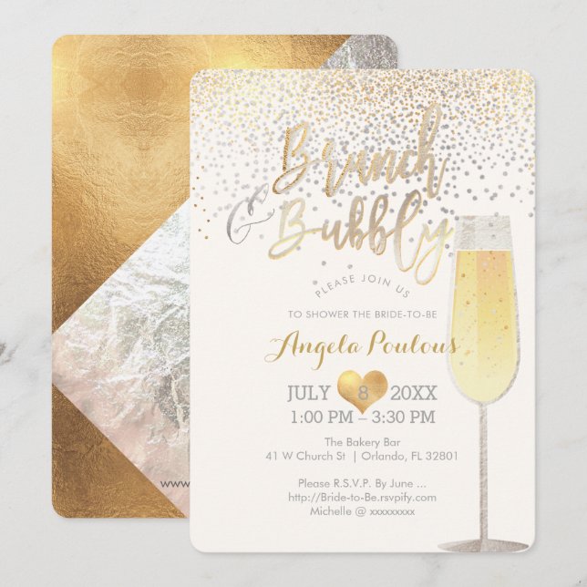 Invitación PixDezines Brunch Bubbble/Faux Silver+Gold Confett (Anverso / Reverso)