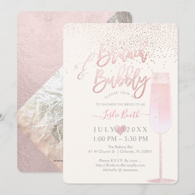 Invitación PixDezines Brunch Bubbble/Pink Champagne Confetti (Anverso / Reverso)