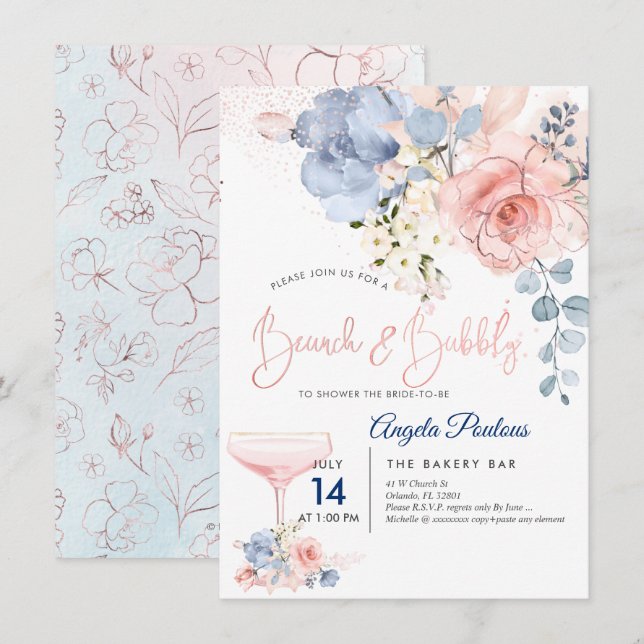 Invitación PixDezines Brunch Bubbly Blush+Blue H2 flores  (Anverso / Reverso)