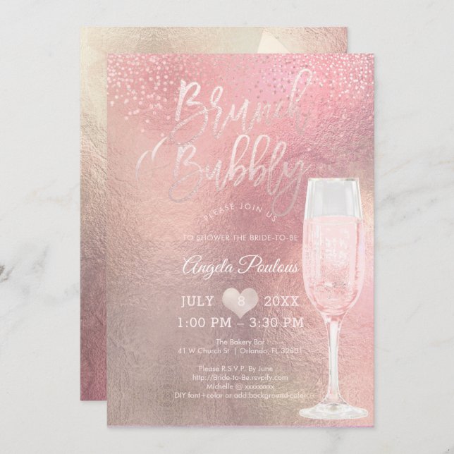 Invitación PixDezines Brunch Bubbly/Confetti+Ombre Rosa (Anverso / Reverso)