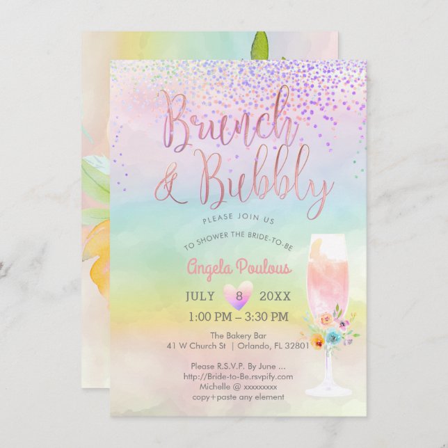 Invitación PixDezines Brunch Bubbly/Cotton Candy Confetti (Anverso / Reverso)
