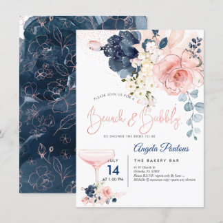 Invitación PixDezines Brunch Bubbly Rosa Navy Flores H2