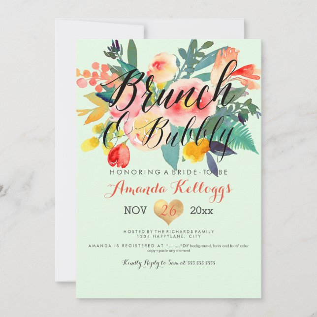 Invitación PixDezines Brunch & Bubbly Spring Floral/Coral+Min (Anverso)