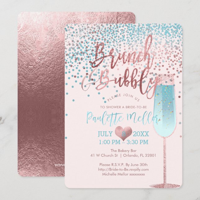 Invitación PíxDezines Brunch N Bubbble/Rosa Gold/Blue Confett (Anverso / Reverso)