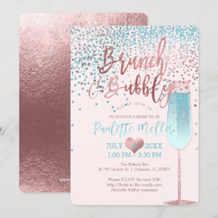 Invitación PíxDezines Brunch N Bubbble/Rosa Gold/Blue Confett