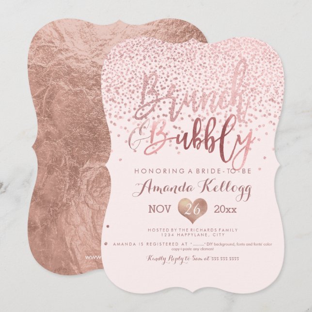 Invitación PixDezines Brunch N Bubbble/Rosa Gold Confetti (Anverso / Reverso)