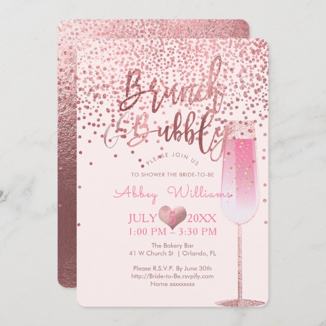 Invitación PixDezines Brunch N Bubbly/Rosa Gold/Confetti (Anverso / Reverso)