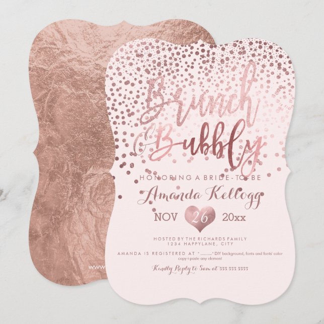 Invitación PixDezines Brunch N Bubbly/Rosa Gold Confetti (Anverso / Reverso)