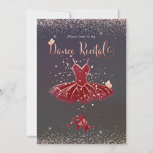 Invitación PixDezines Burgundy Tutu Butterflies Baila Recital (Anverso)