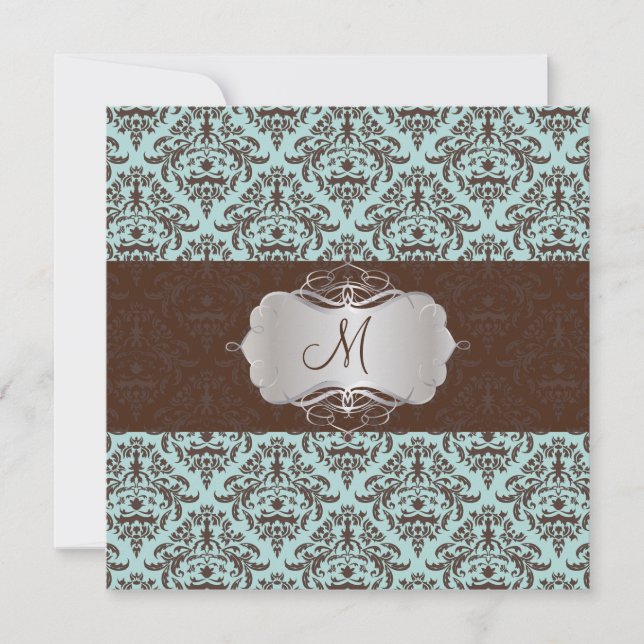Invitación PixDezines Céline Damask,Azul+Marrón (Anverso)