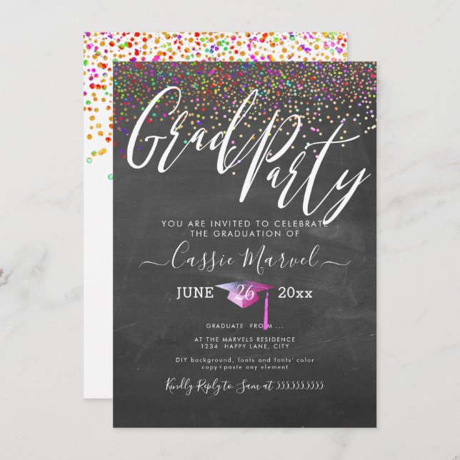 Invitación PixDezines Chalkboard Confetti Grad Fiesta (Anverso / Reverso)