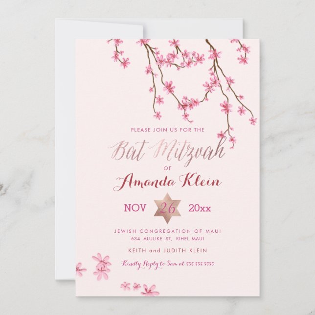 Invitación PixDezines Cherry Blossoms Bat Mitzvah (Anverso)