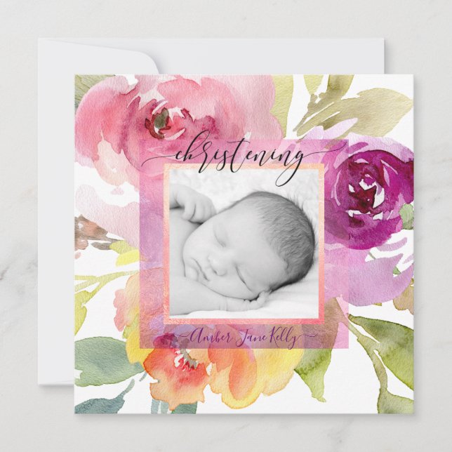 Invitación PixDezines Christening Bold Watercolor Flores (Anverso)