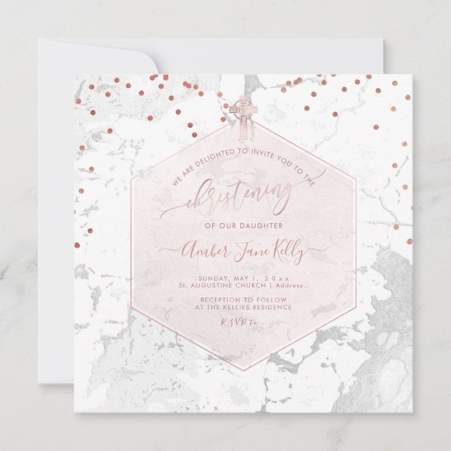 Invitación PixDezines Christening Rubor Honeycomb Marble (Anverso)