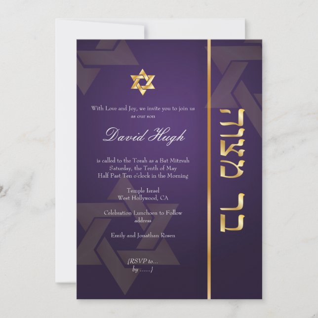 Invitación PixDezines Clásico Mitzvah/morado/faux gold (Anverso)