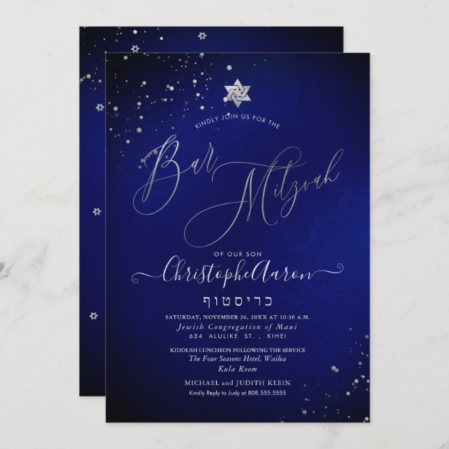 Invitación PixDezines Classic Royal Blue Silver Bar Mitzvah (Anverso / Reverso)