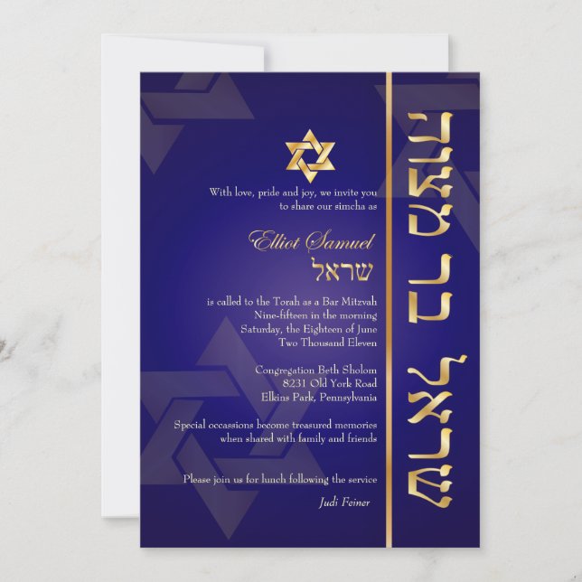 Invitación PixDezines Classic/Stylish Bar Mitzvah/blue/gold (Anverso)