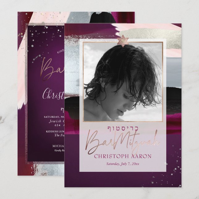 Invitación PixDezines Color Block Falso Bar Mitzvah de Plata (Anverso / Reverso)