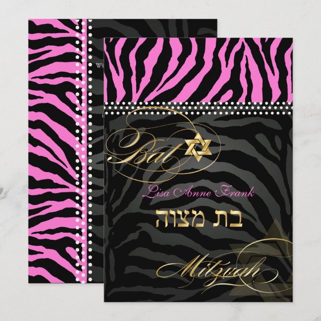Invitación PixDezines color cebra rosa Mitzvah / DIY (Anverso / Reverso)