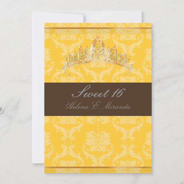 Invitación PixDezines Damask Sweet 16/ tiara/amarillo+chocola (Anverso)
