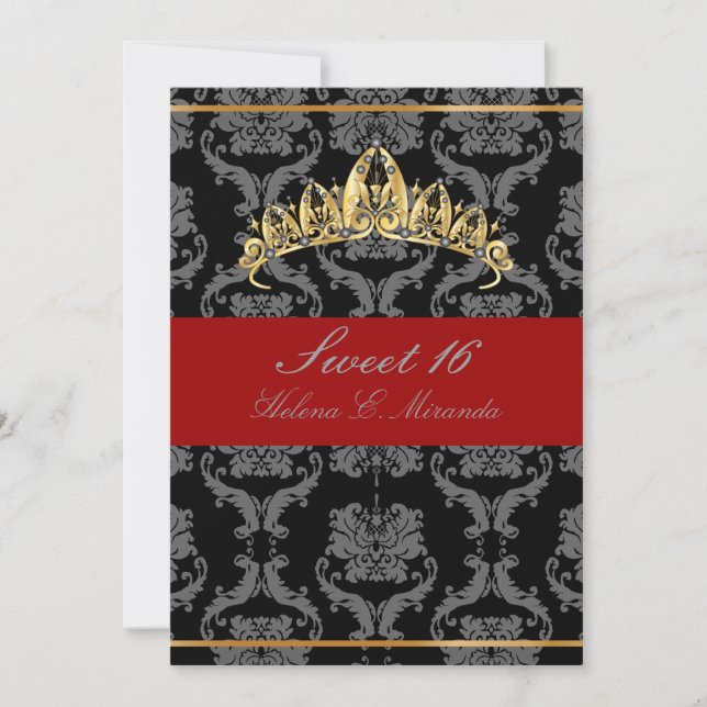 Invitación PixDezines Damask Sweet 16/ tiara/terciopelo negro (Anverso)