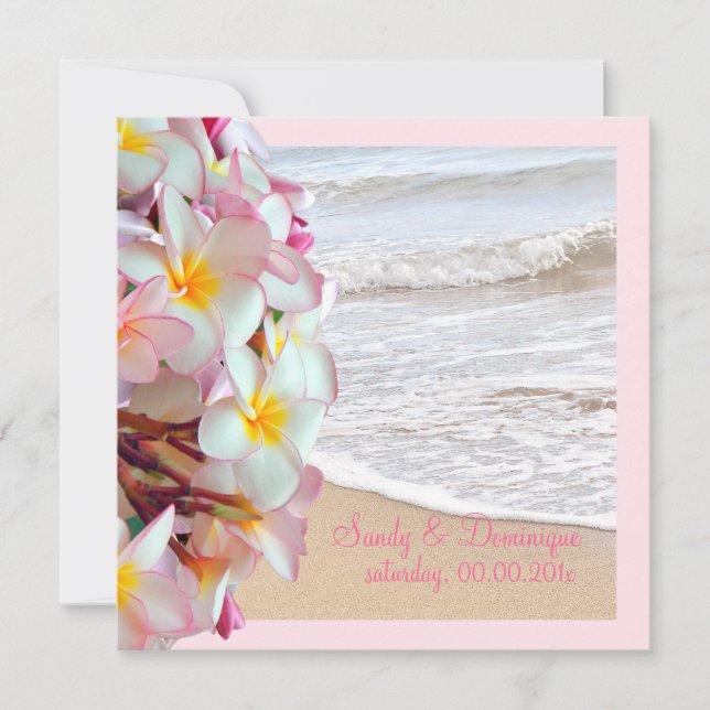 Invitación PixDezines de fondo rosa plumeria/playa/día (Anverso)