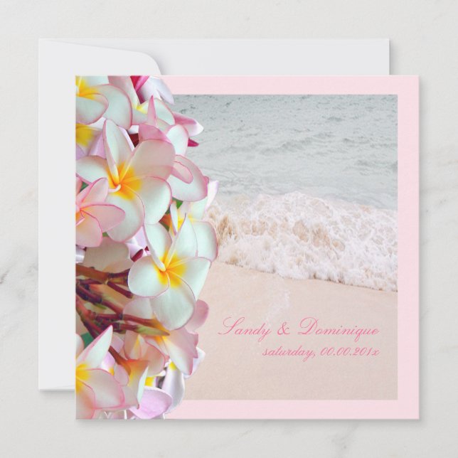Invitación PixDezines de fondo rosa plumeria/playa/día (Anverso)