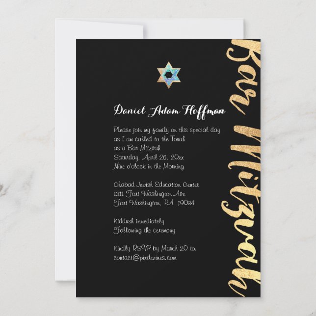 Invitación PixDezines deslumbró/escritura dorada/bar mitzvah (Reverso)