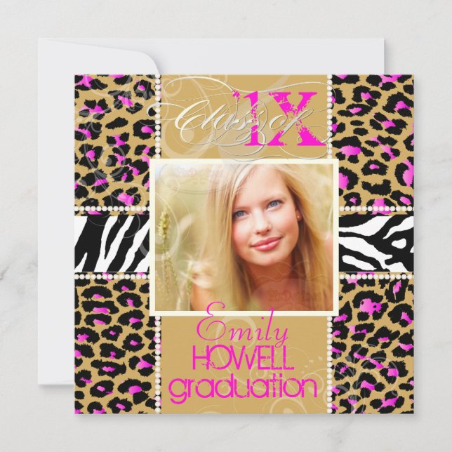 Invitación PixDezines diy 2012 Grads, chita rosa+zebra (Anverso)