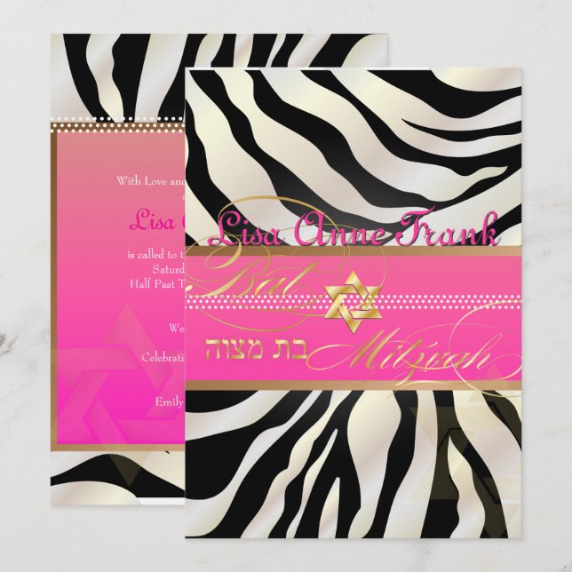 Invitación PixDezines DIY color/Cebra, Bat Mitzvah (Anverso / Reverso)