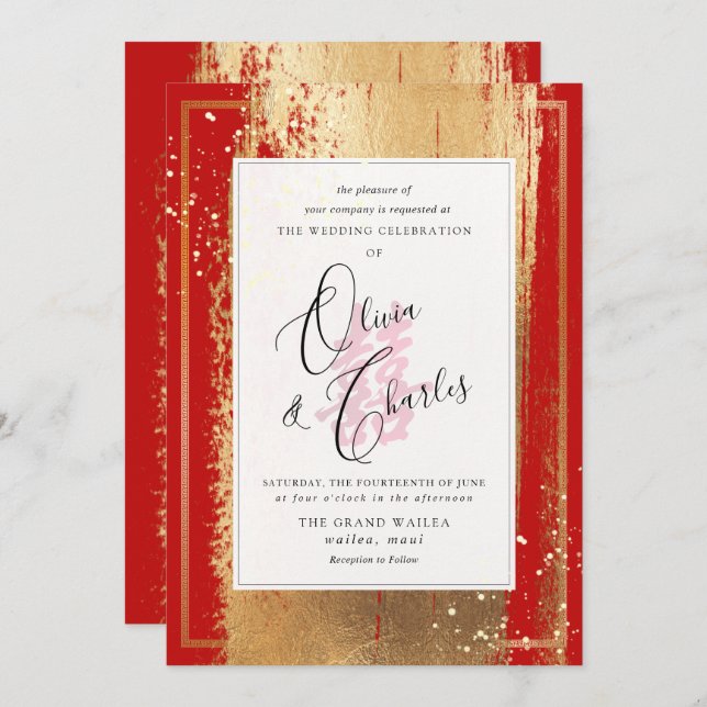 Invitación PixDezines doble felicidad, falso oro (Anverso / Reverso)