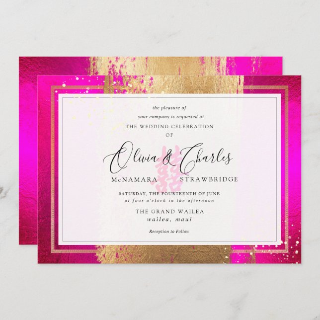 Invitación PixDezines Doble Felicidad, Faux Gold Hot Pink (Anverso / Reverso)