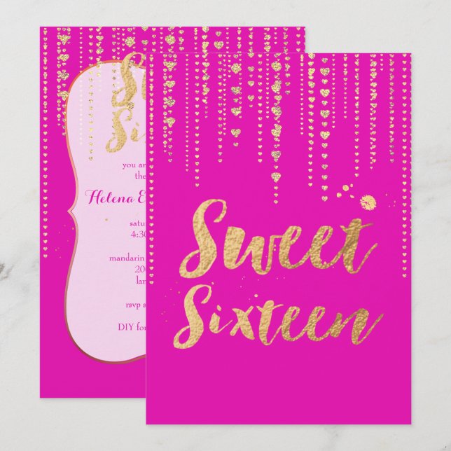 Invitación PixDezines dulce 16, Golden Hearts Strings Purpuri (Anverso / Reverso)