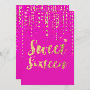 Invitación PixDezines dulce 16, Golden Hearts Strings Purpuri
