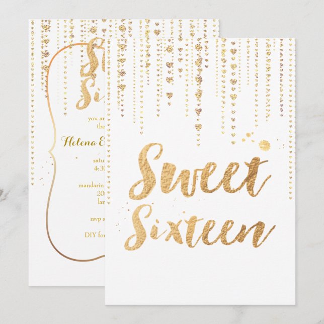 Invitación PixDezines dulce 16, Golden Hearts Strings Purpuri (Anverso / Reverso)